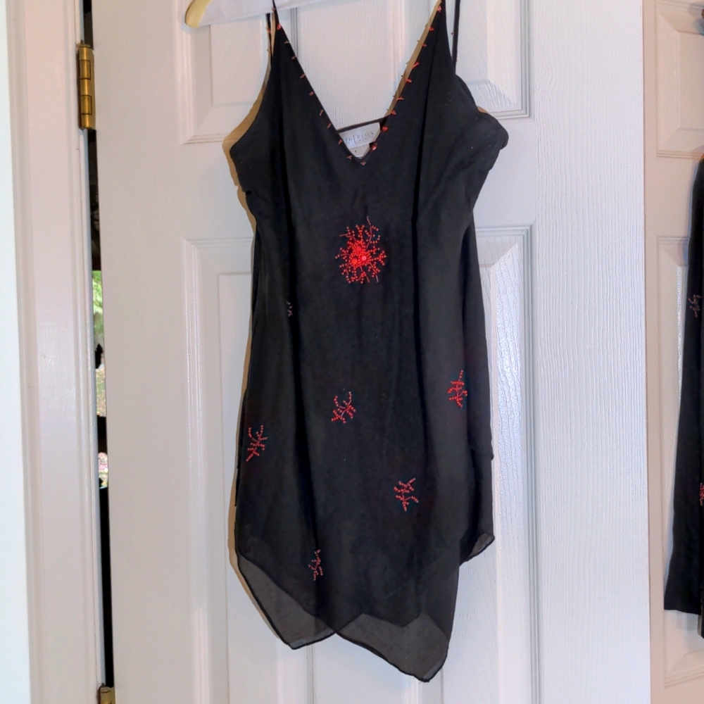 WHBM beaded assymetrical top large black red silk cotton